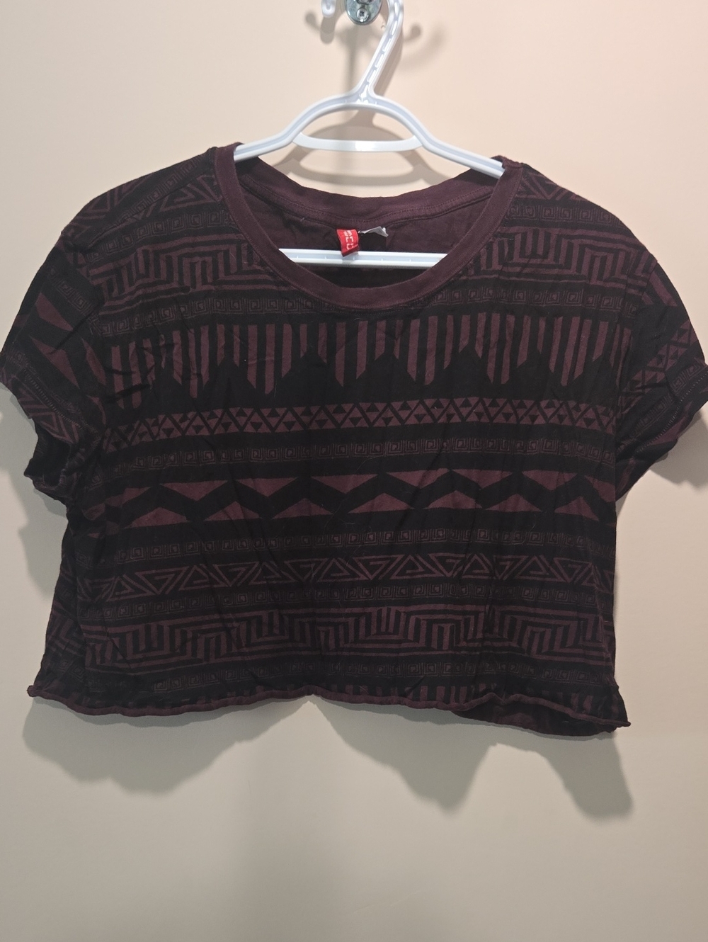 Divided Cropped Tee in Plum and Black Aztec Pattern